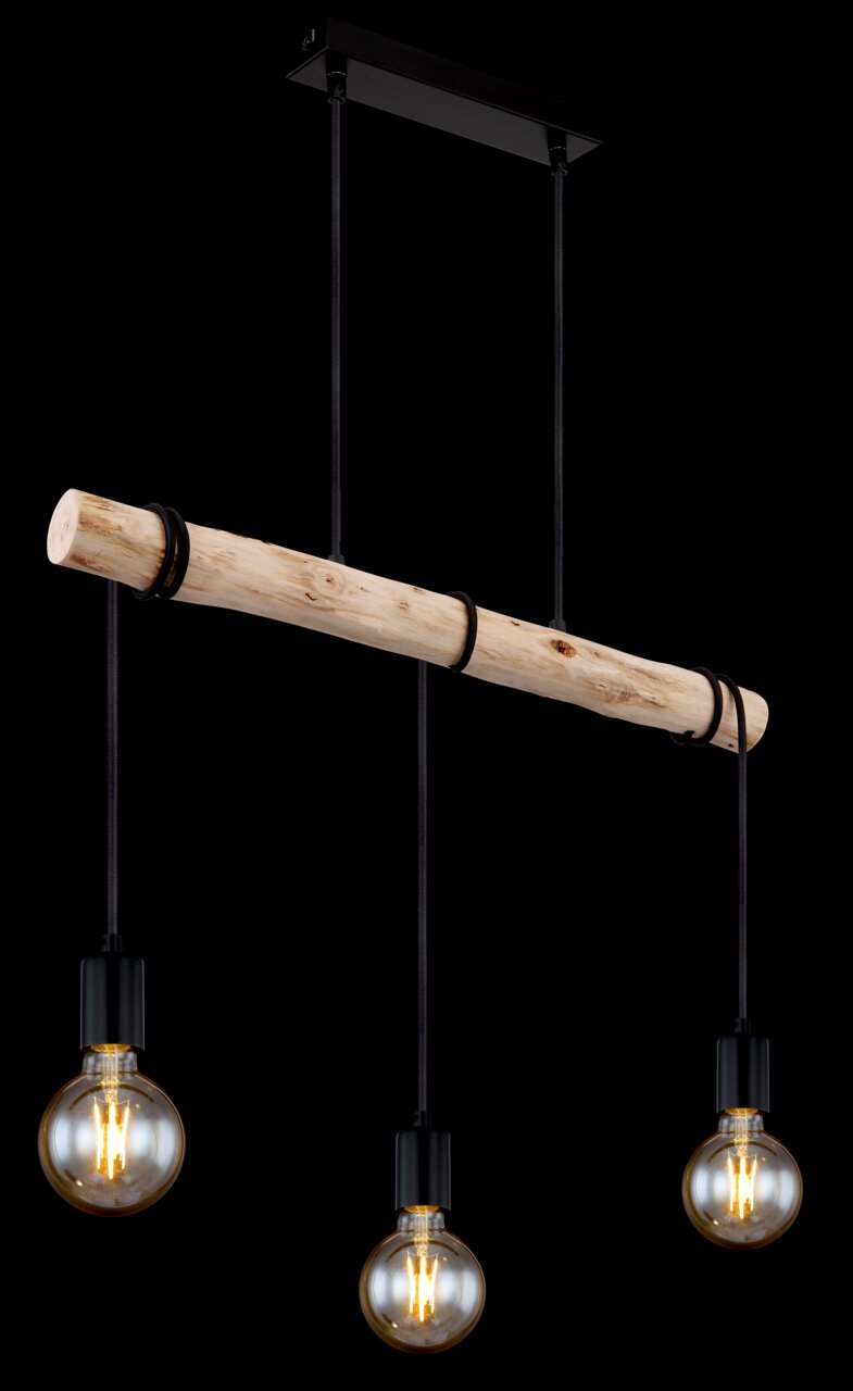 Hängeleuchte mit drei Glühbirnen, die an einem rustikalen Holzstab hängen, seitliche Perspektive