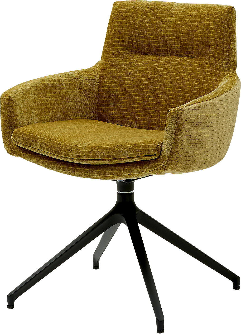 Moderner Armlehnstuhl mit senfgelbem Stoffbezug und schwarzem Metallgestell, seitliche Perspektive