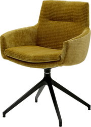 Moderner Armlehnstuhl mit senfgelbem Stoffbezug und schwarzem Metallgestell, seitliche Perspektive