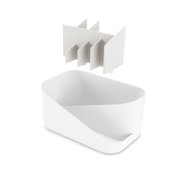 Weißer Glam Kosmetik-Organizer mit herausnehmbaren Trennwänden, aus der Vogelperspektive.