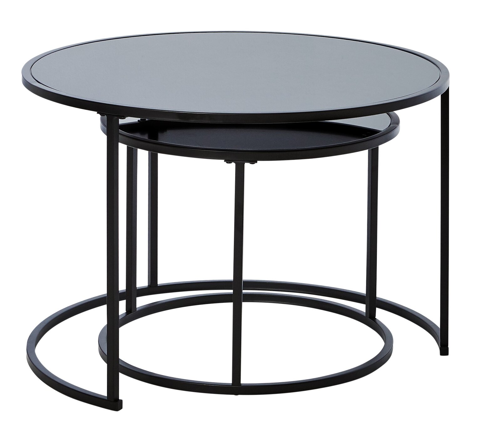Modernes Couchtisch-Set aus zwei runden Tischen mit schwarzem Metallgestell, seitliche Perspektive.