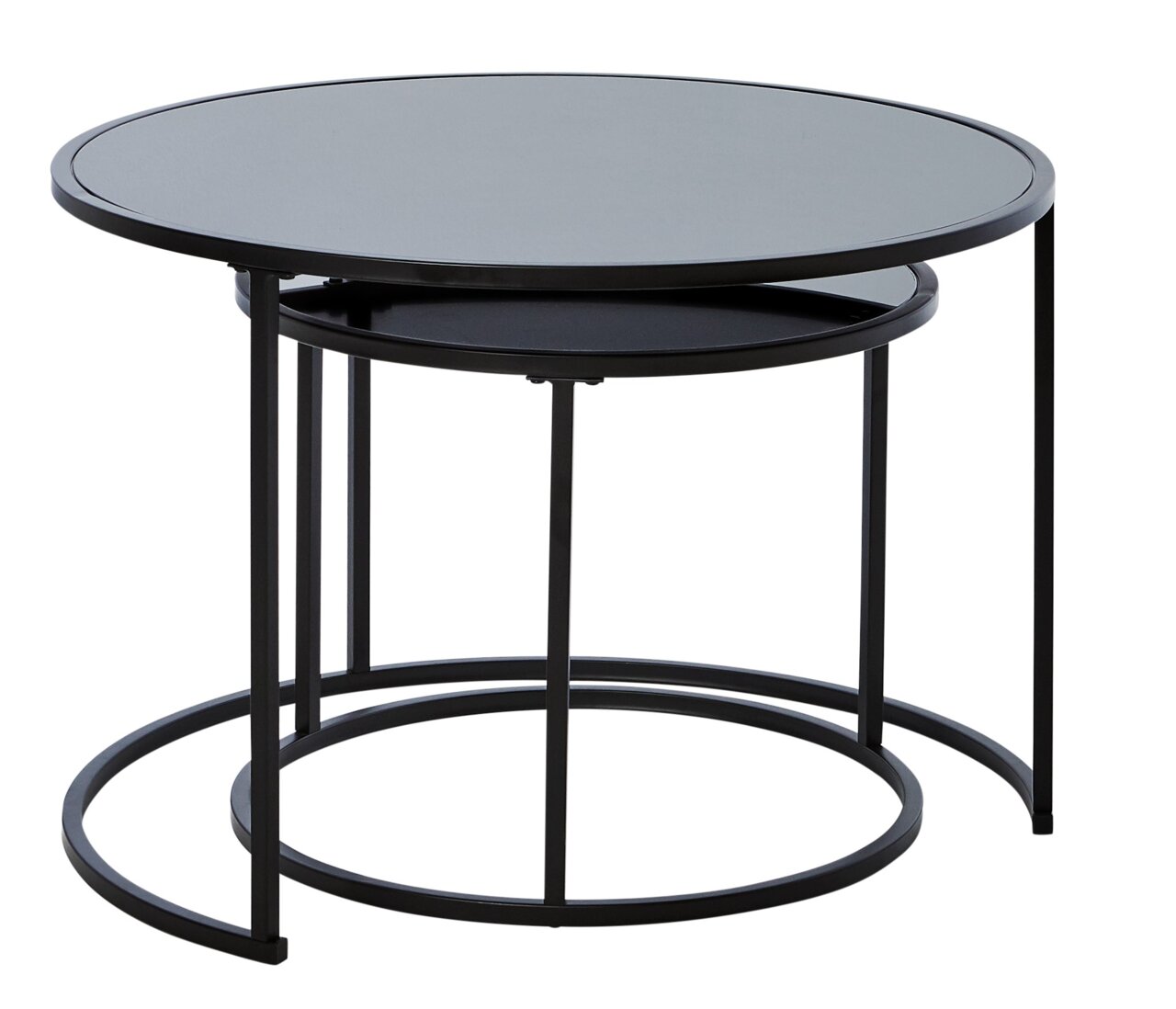 Moderne salontafelset bestaande uit twee ronde tafels met een zwart metalen onderstel, gezien vanaf de zijkant.