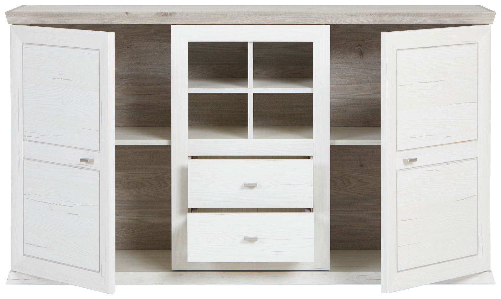 Weißes Sideboard mit zwei offenen Türen und zentralen Schubladen, Frontalansicht