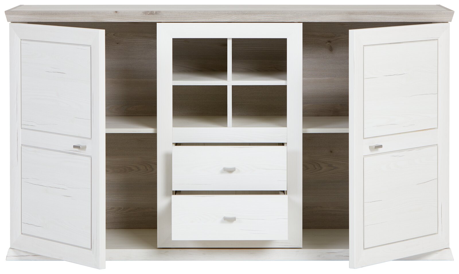 Weißes Sideboard mit zwei offenen Türen und zentralen Schubladen, Frontalansicht