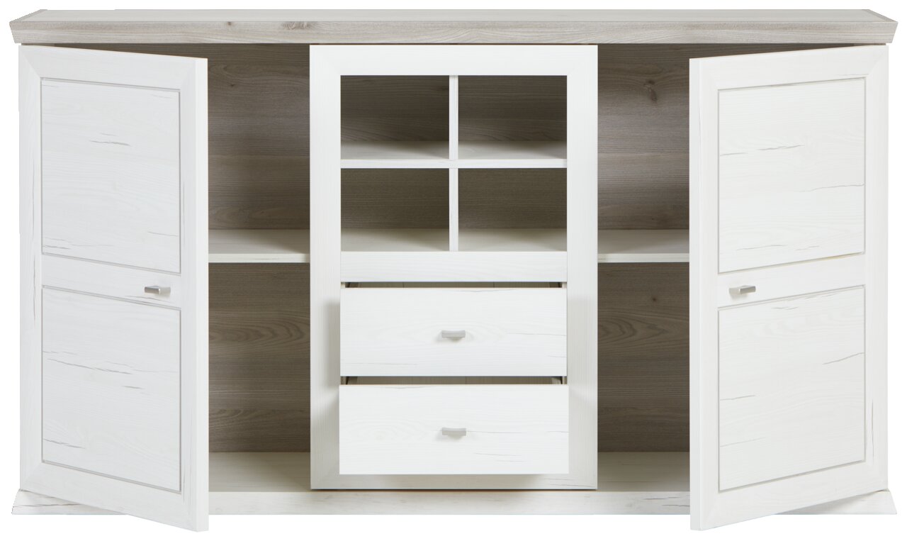 Weißes Sideboard mit zwei offenen Türen und zentralen Schubladen, Frontalansicht