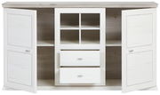 Weißes Sideboard mit zwei offenen Türen und zentralen Schubladen, Frontalansicht
