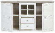 Weißes Sideboard mit zwei offenen Türen und zentralen Schubladen, Frontalansicht