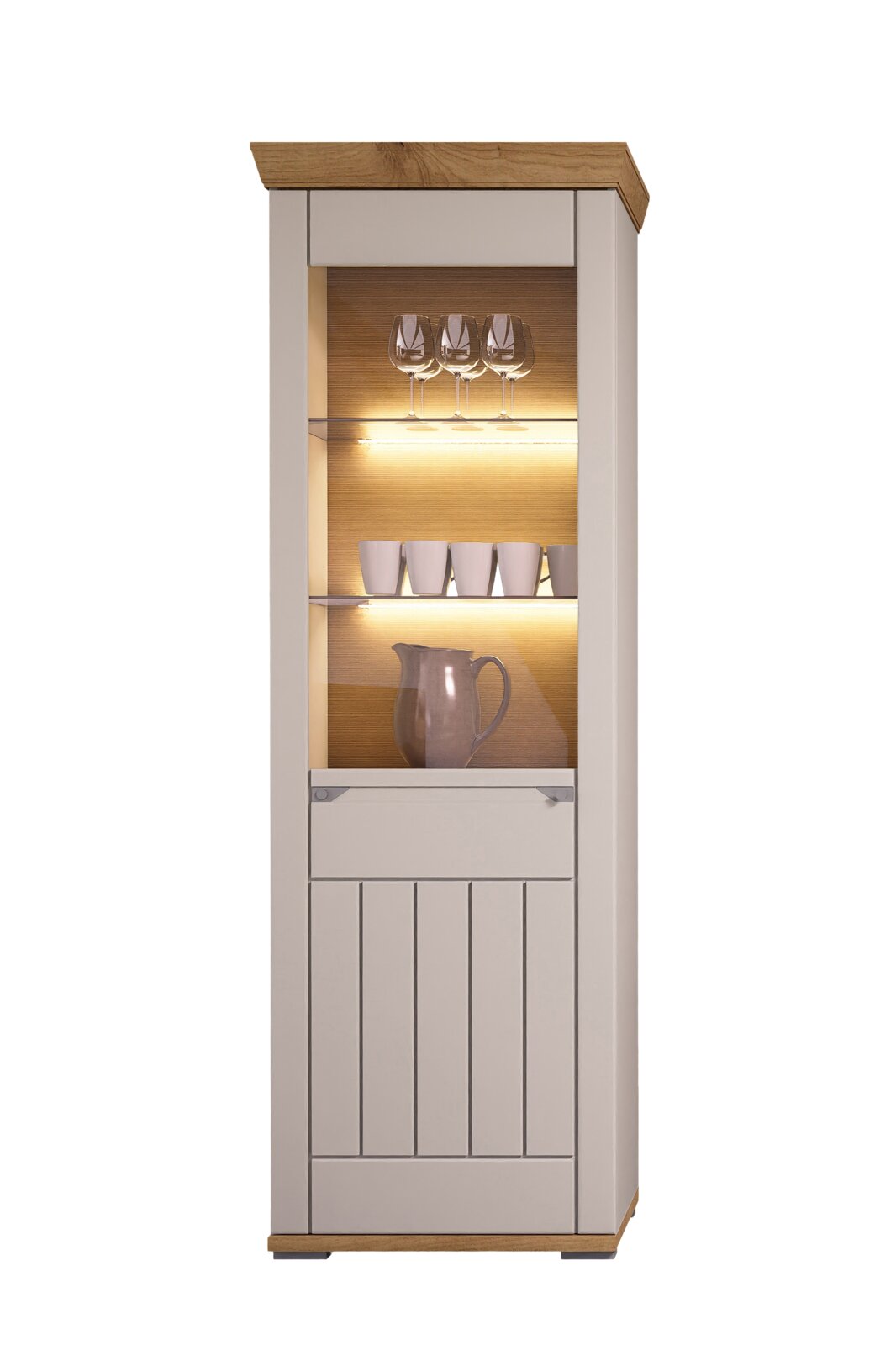 Landscape Wandkombination COLMAR Vitrine mit Holz- und Glaselementen, beleuchtet, mit Gläsern und Tassen, Frontalansicht