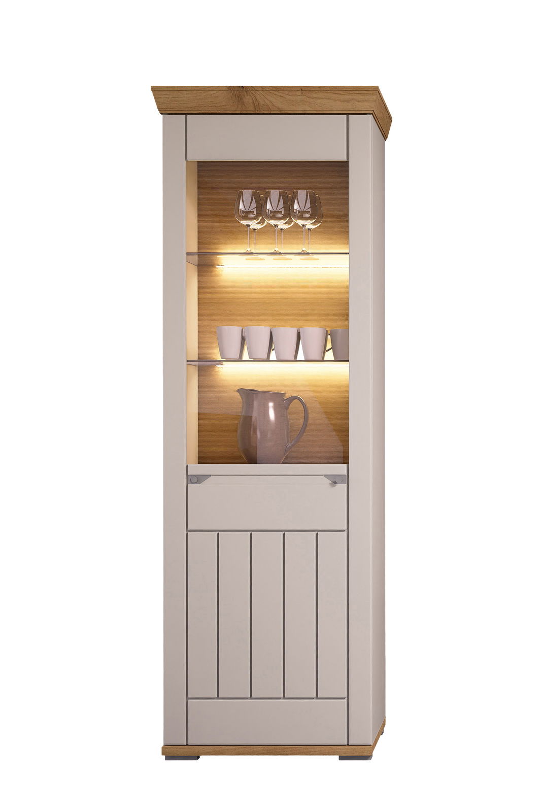 Vitrine mit Holz- und Glaselementen, beleuchtet, mit Gläsern und Tassen, Frontalansicht