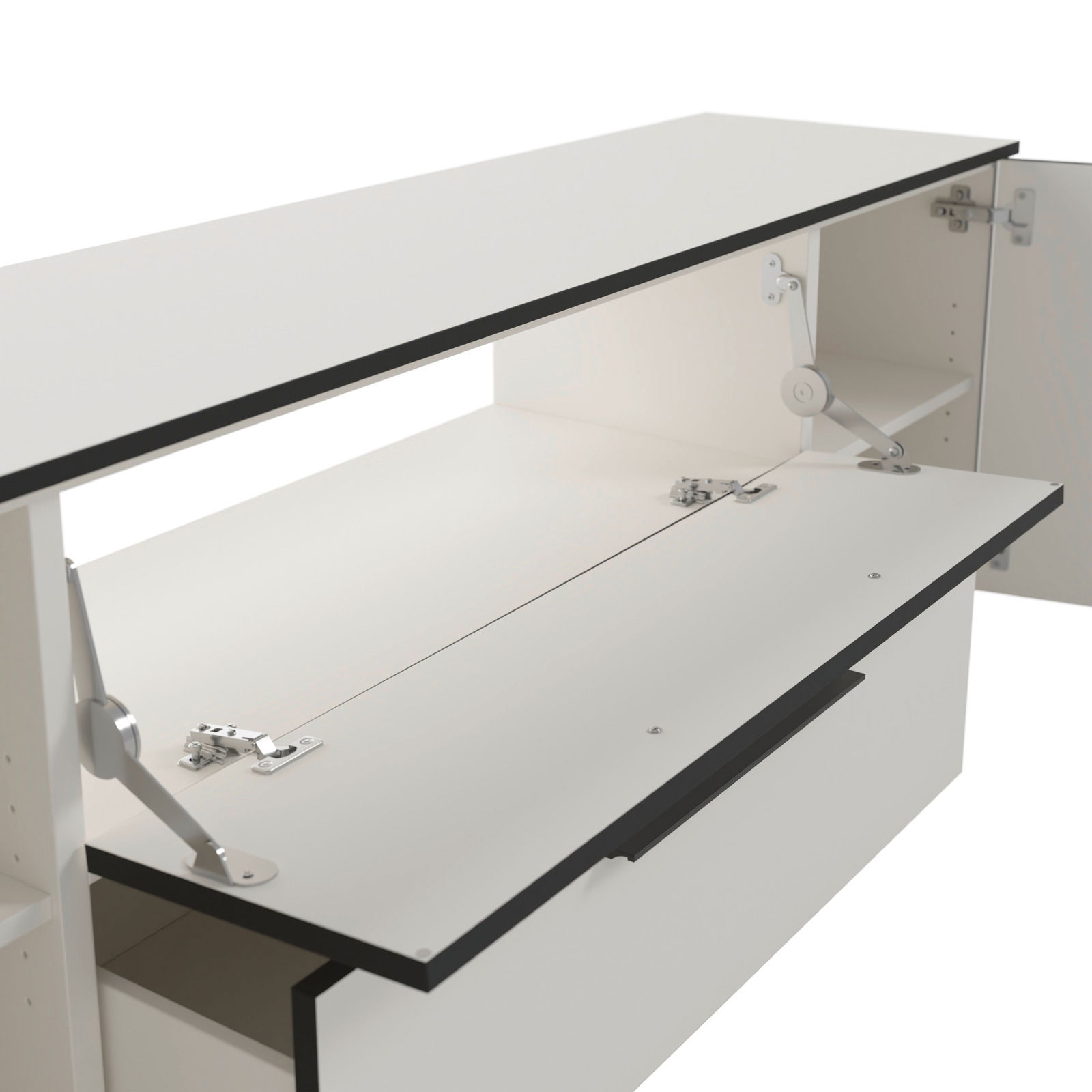 Weißes TV-Lowboard mit geöffneter Klappe und sichtbaren Scharnieren, seitliche Perspektive