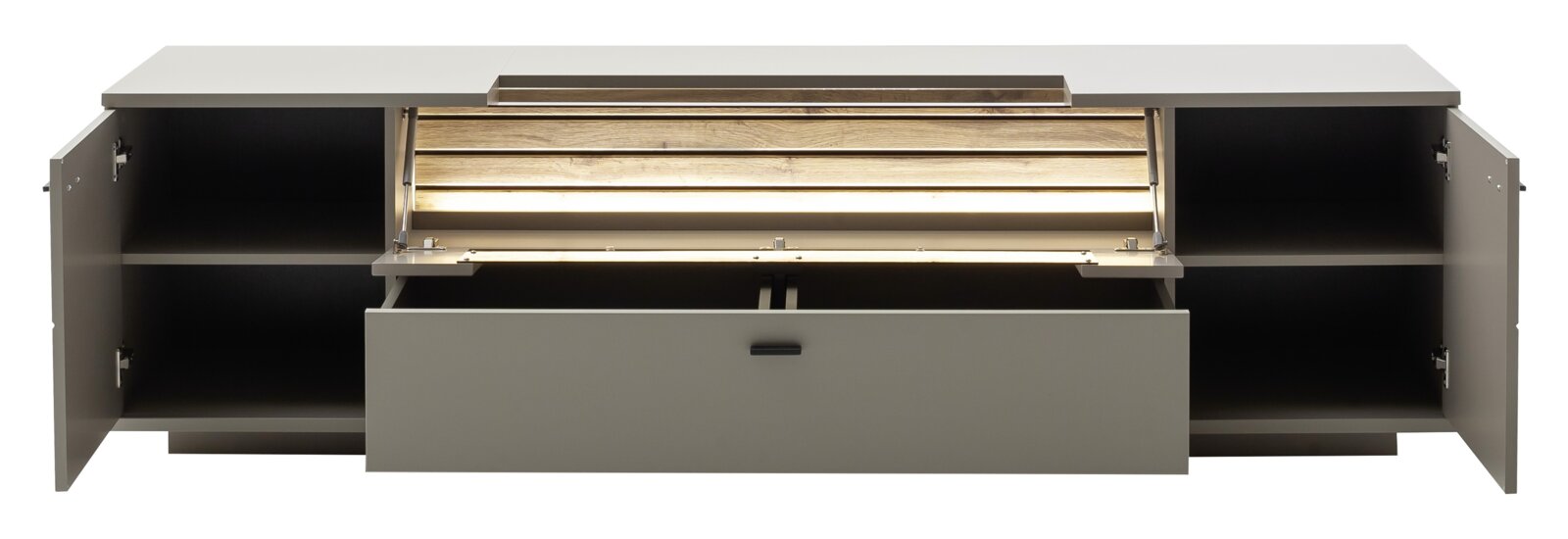 Offenes modernes Sideboard in Grau mit zwei seitlichen Türen, mittlerer Schublade und aufgeklappter Klappe mit Holzlamellen, Frontansicht auf weißem Hintergrund