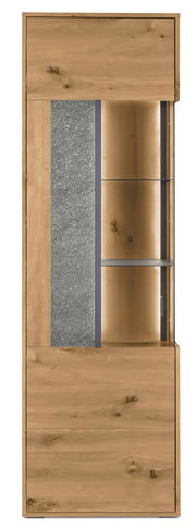 Frontansicht einer modernen Vitrine aus Holz mit Glaselementen und grauer Steinoptik.