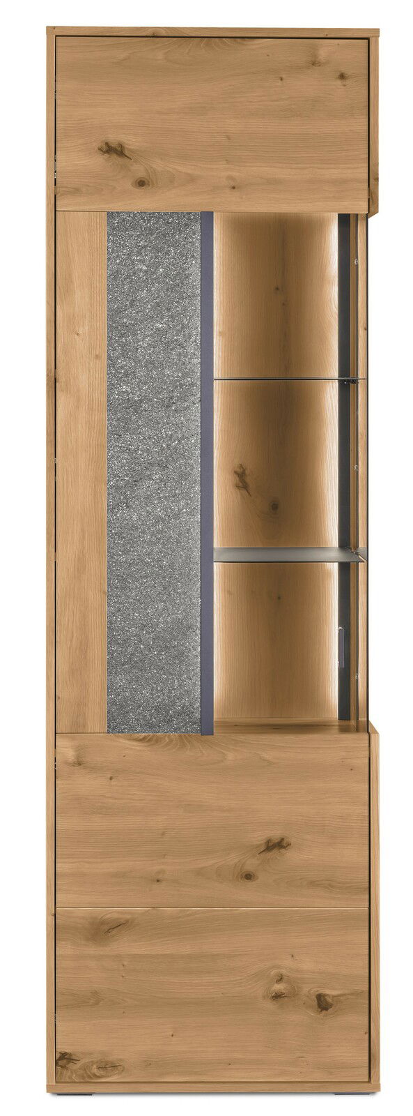 Frontansicht einer modernen Vitrine aus Holz mit Glaselementen und grauer Steinoptik.
