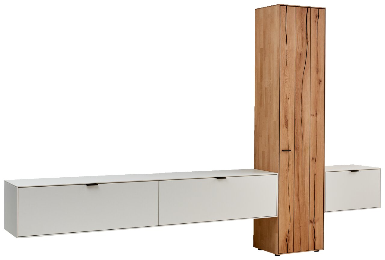 Moderne Wandkombination mit weißem, horizontalem Schrank und vertikalem Holzschrank, seitliche Perspektive