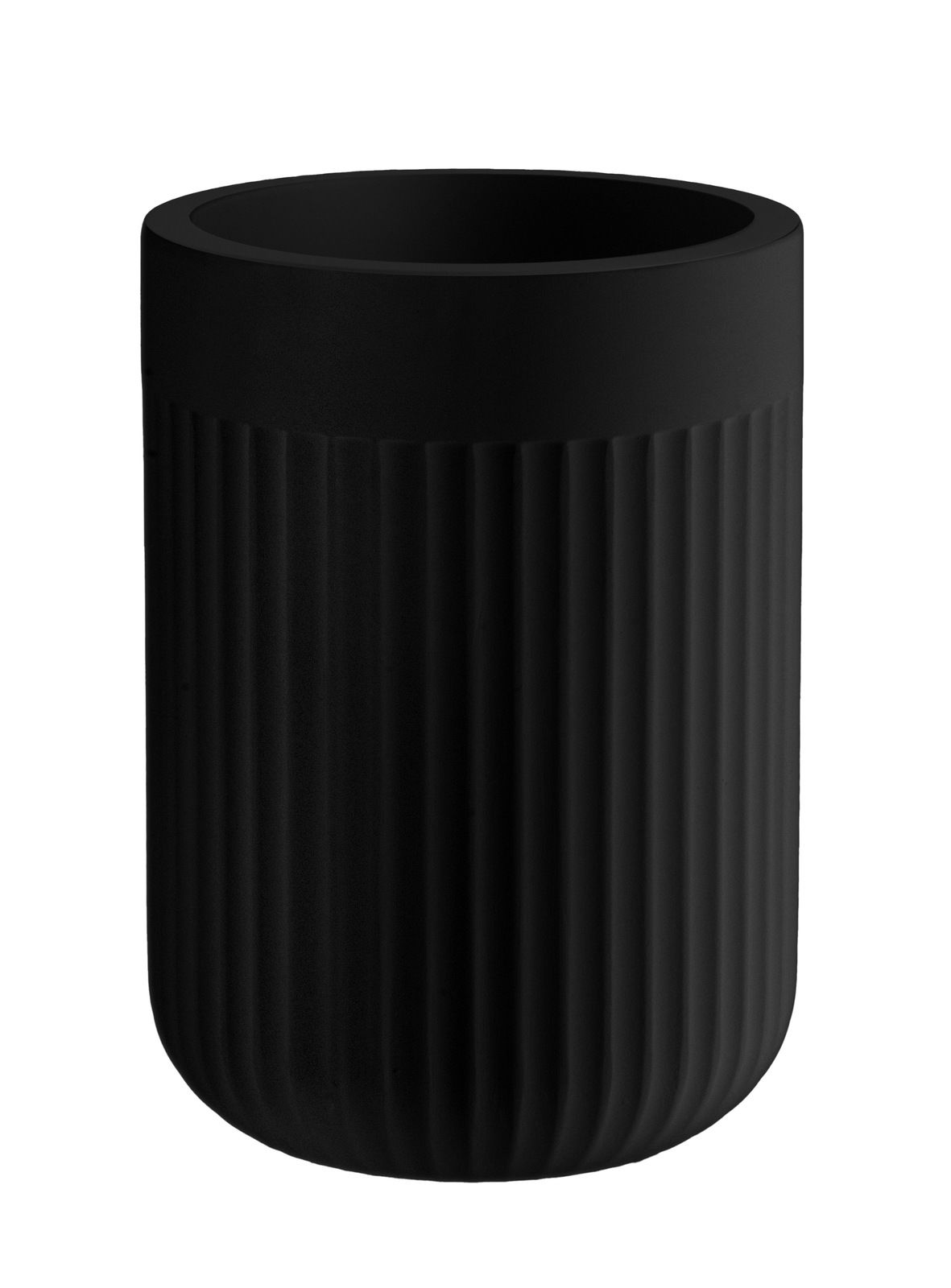 Schwarzer Zahnputzbecher mit geriffelter Oberfläche, seitliche Perspektive