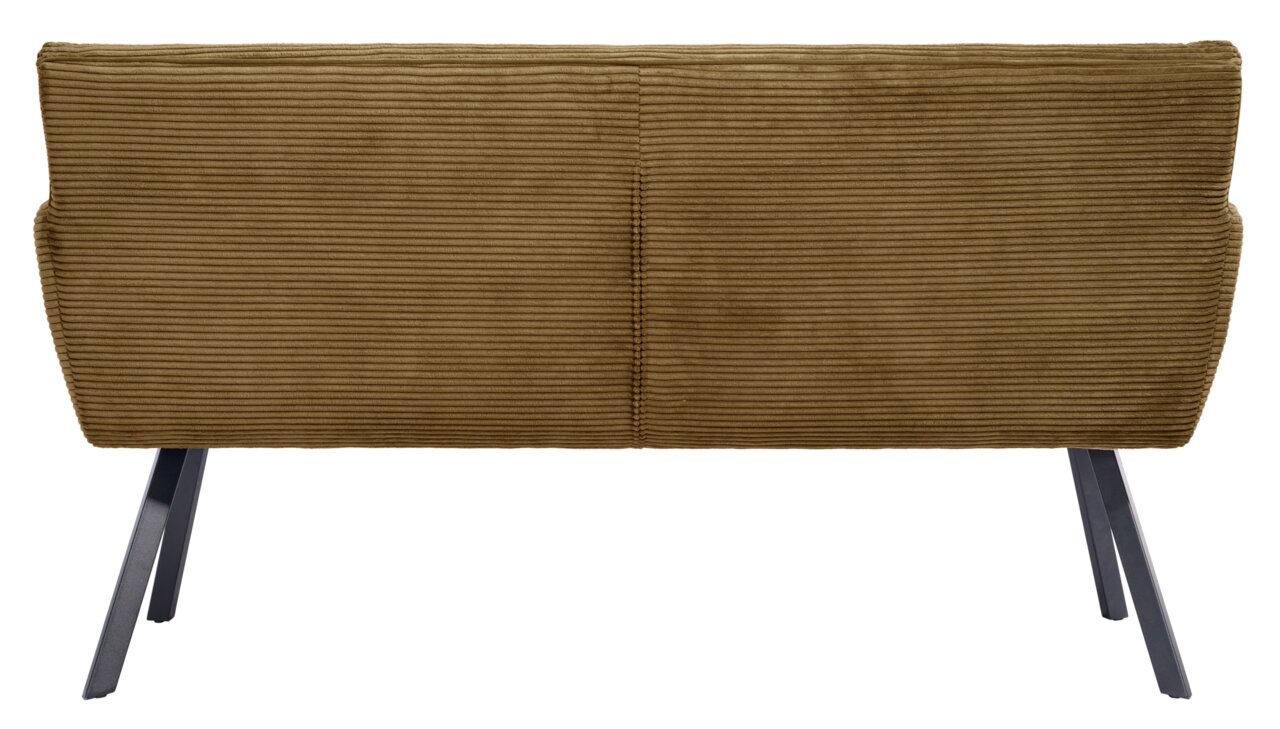 Achterkant van een bank met een bruine, geribbelde stoffen bekleding en zwarte metalen poten.