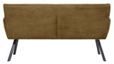 Rückansicht einer Sitzbank mit braunem, geripptem Stoffbezug und schwarzen Metallbeinen.