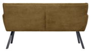 Rückansicht einer Sitzbank mit braunem, geripptem Stoffbezug und schwarzen Metallbeinen.