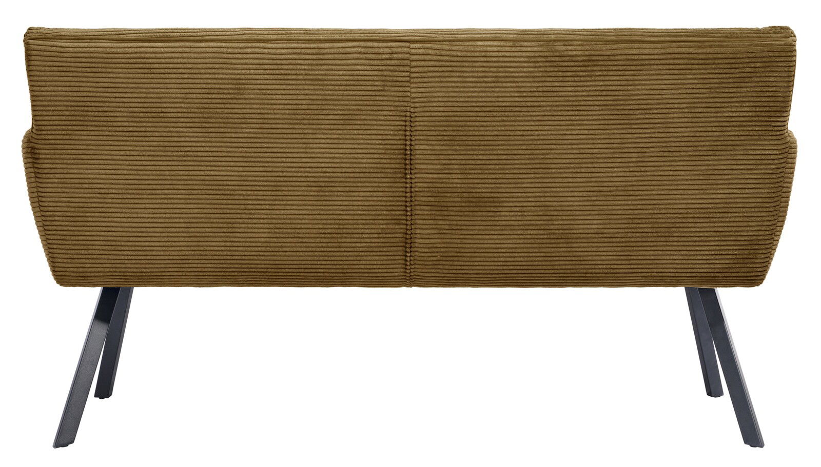 Rückansicht einer Sitzbank mit braunem, geripptem Stoffbezug und schwarzen Metallbeinen.