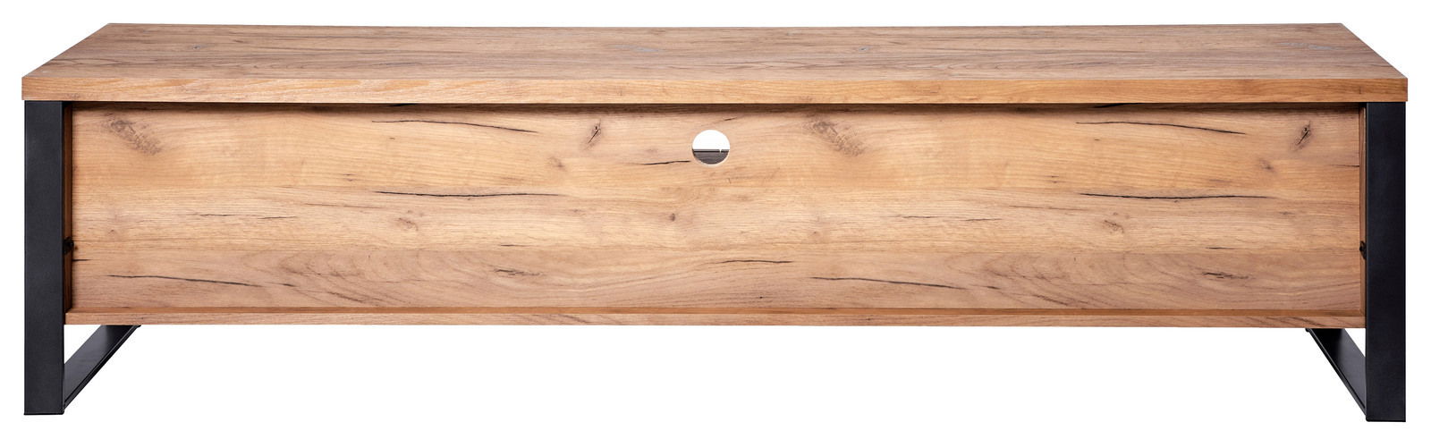 Frontansicht eines TV-Lowboards aus Holz mit Metallbeinen und Kabeldurchführung.