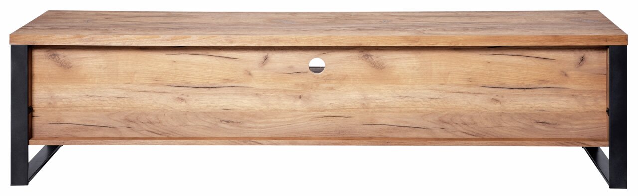 Frontansicht eines TV-Lowboards aus Holz mit Metallbeinen und Kabeldurchführung.
