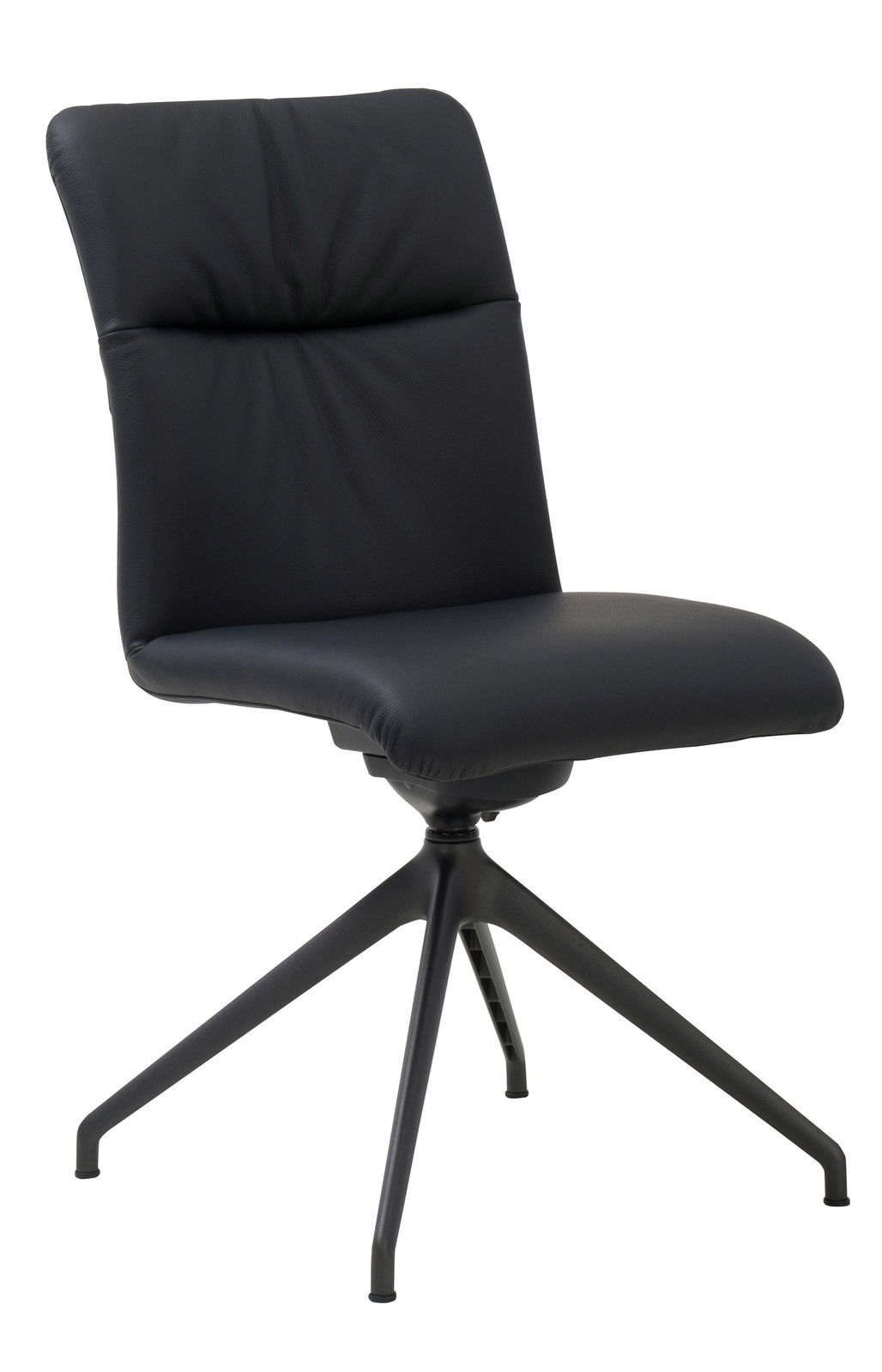 Moderner schwarzer Stuhl mit gepolsterter Rückenlehne und Sitzfläche, seitliche Perspektive