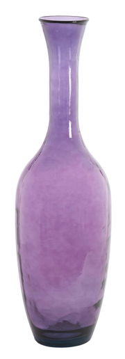 Lila Glasvase in voller Höhe, leicht bauchige Form mit schmalem Hals, aus der Frontalperspektive fotografiert.