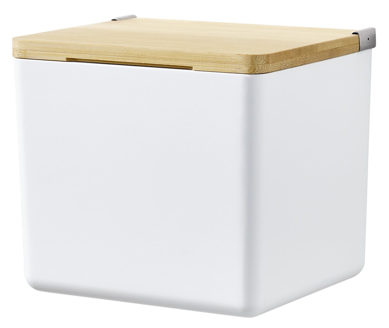 Weiße Aufbewahrungsbox mit Holzdeckel, seitliche Perspektive