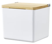 Weiße Aufbewahrungsbox mit Holzdeckel, seitliche Perspektive