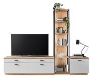 Moderne Wandkombination mit TV-Schrank, Regal und Schreibtisch in Holzoptik, frontal betrachtet.