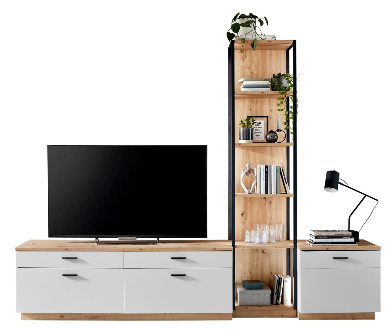 XORA Wandcombinatie BAMEOS Moderne wandcombinatie met tv-kast, boekenkast en bureau in houtlook, gezien vanaf de voorkant.