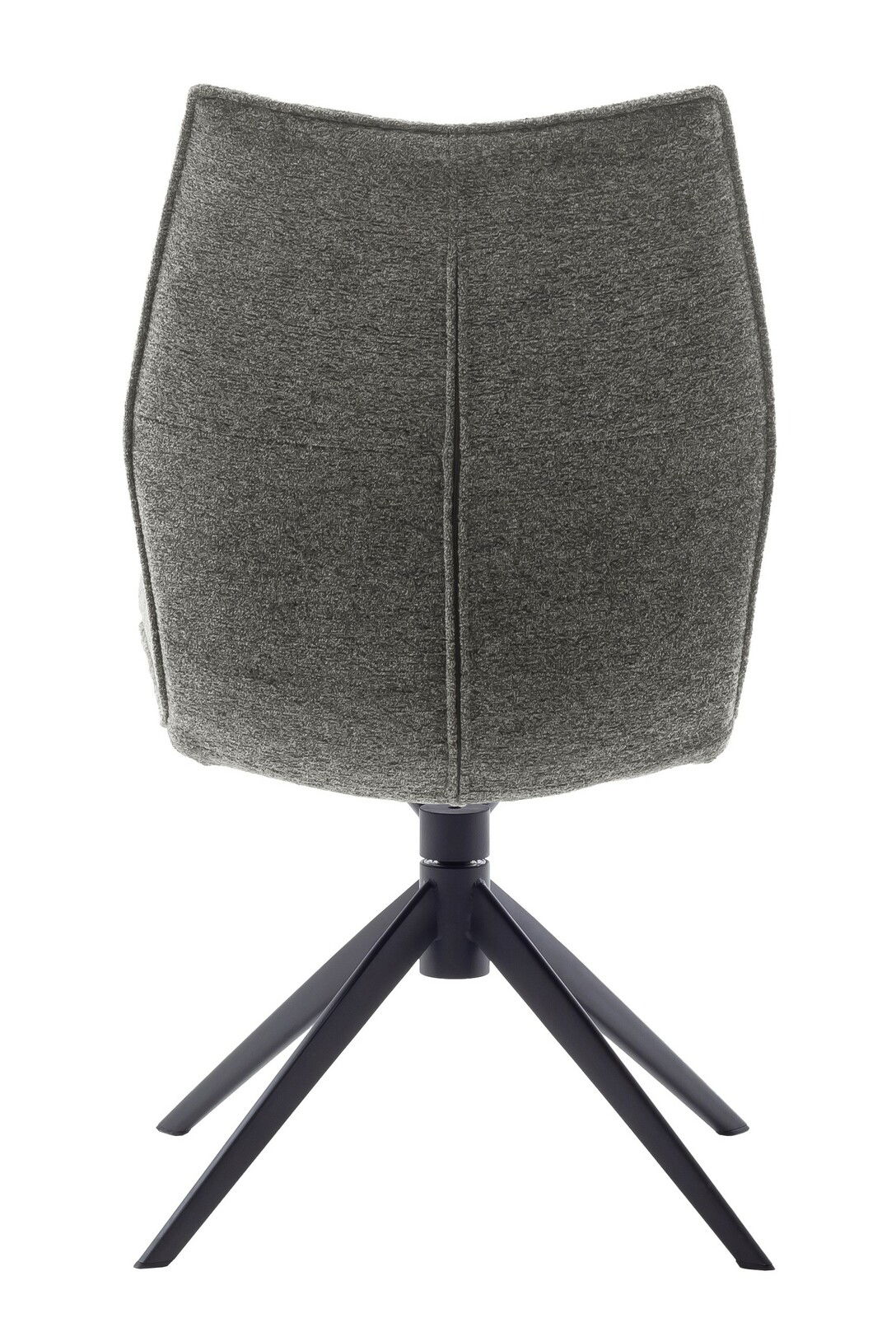 Rückansicht eines modernen Stuhls mit grauem Stoffbezug und schwarzem Metallgestell.