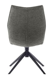 Rückansicht eines modernen Stuhls mit grauem Stoffbezug und schwarzem Metallgestell.