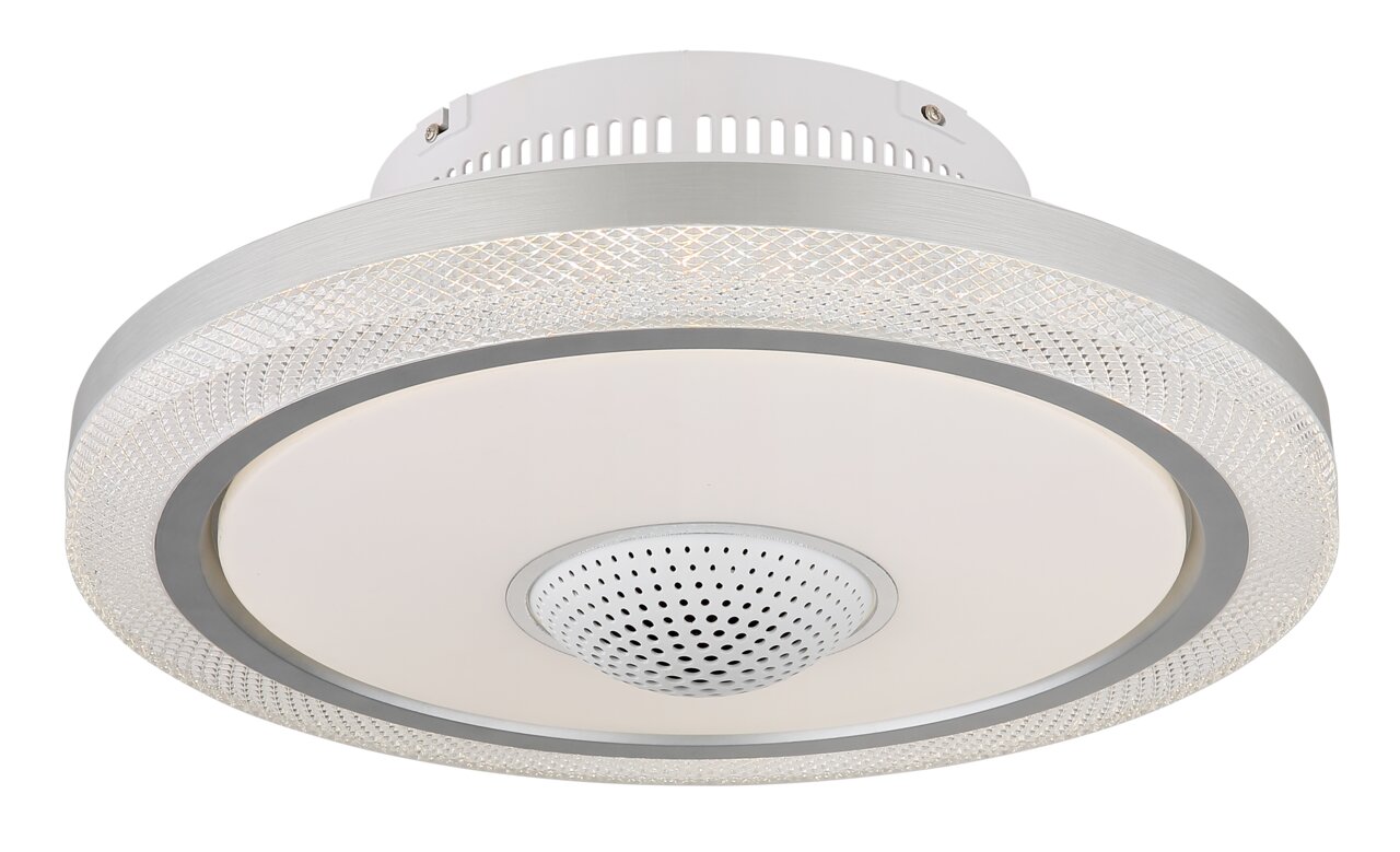 LED-Deckenventilator in seitlicher Perspektive mit modernem Design und integriertem Lautsprecher.