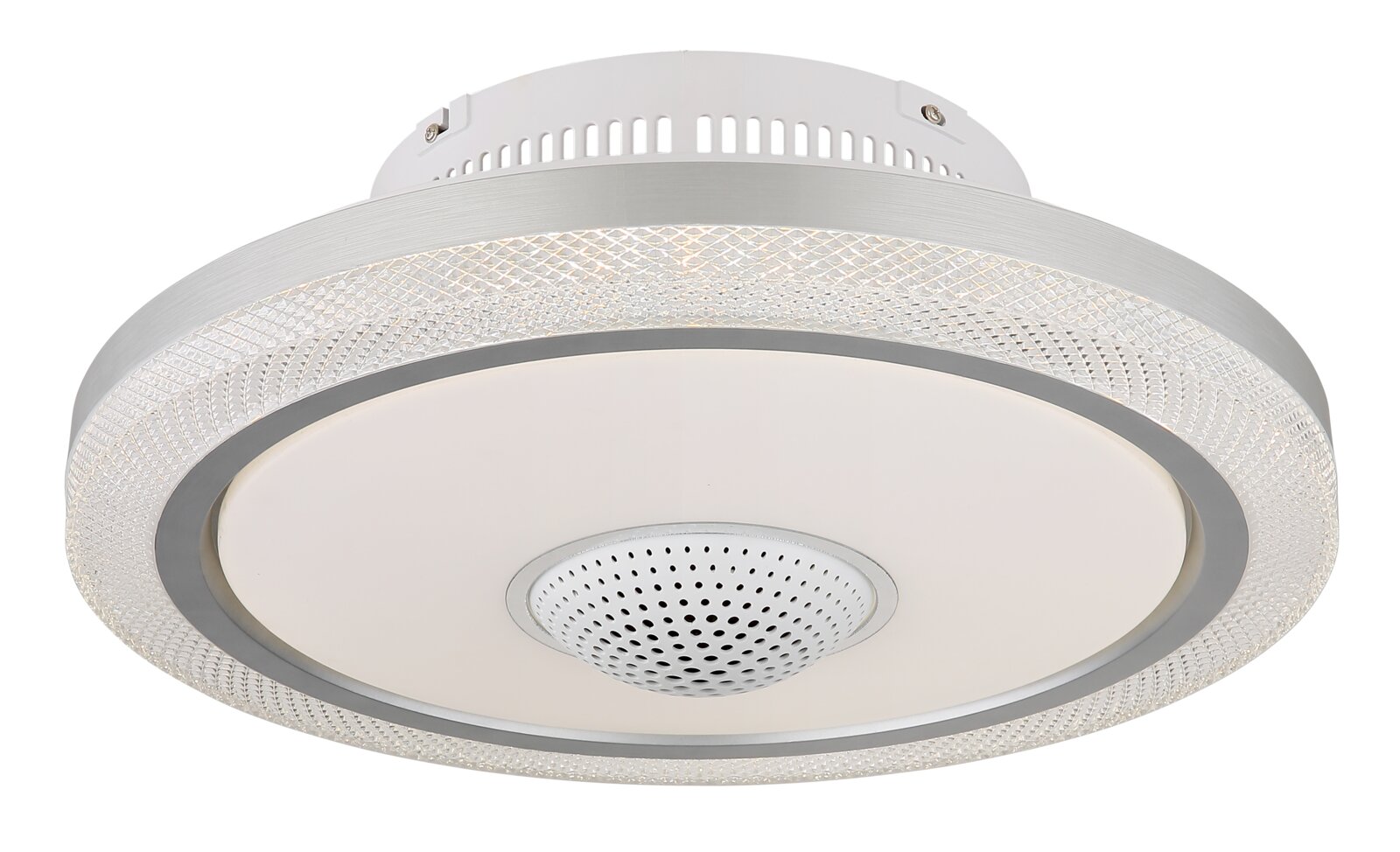 LED-Deckenventilator in seitlicher Perspektive mit modernem Design und integriertem Lautsprecher.