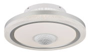 LED-Deckenventilator in seitlicher Perspektive mit modernem Design und integriertem Lautsprecher.