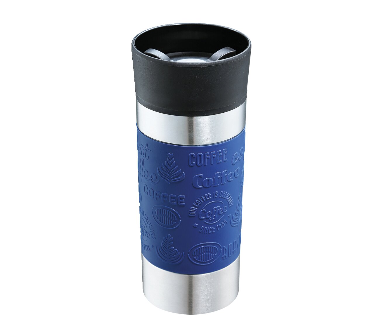 Blauer Trinkbecher Viaggio 360ml mit schwarzem Deckel und Edelstahlakzenten, seitliche Perspektive