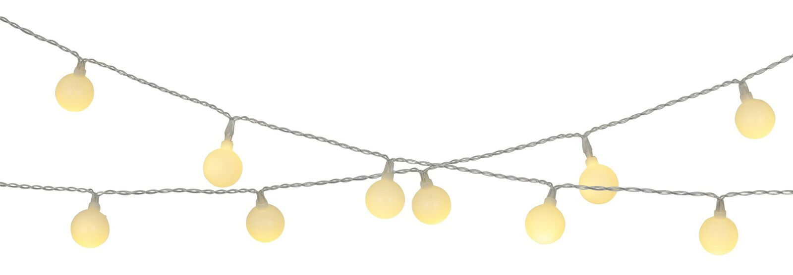 Lichterkette mit kugelförmigen, warmweißen LED-Lampen, perspektivisch von vorne fotografiert.