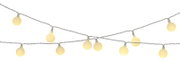 Lichterkette mit kugelförmigen, warmweißen LED-Lampen, perspektivisch von vorne fotografiert.