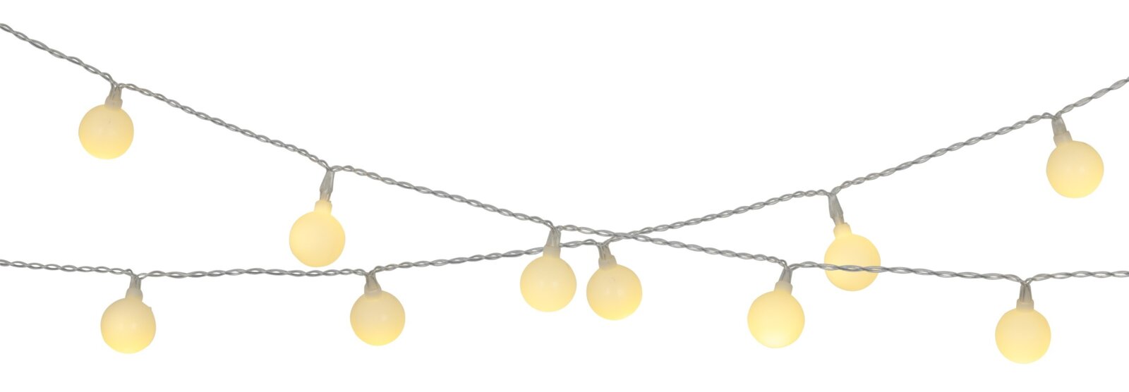 Lichterkette mit kugelförmigen, warmweißen LED-Lampen, perspektivisch von vorne fotografiert.