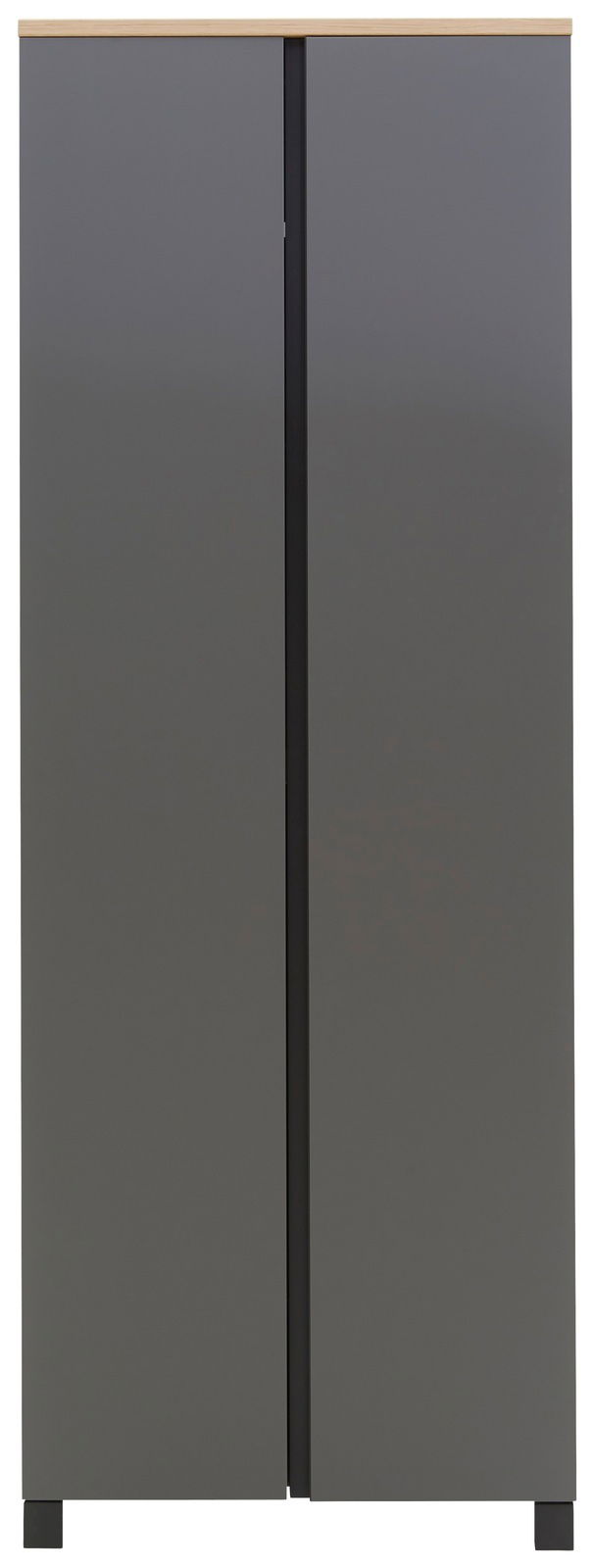 Moderner grauer Dielenschrank mit Holzoberfläche, Frontalansicht