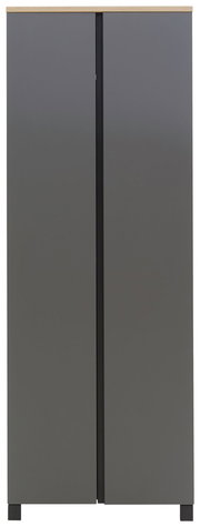 Moderner grauer Dielenschrank mit Holzoberfläche, Frontalansicht