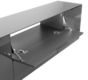 TV-Lowboard mit geöffneter Klappe, seitliche Perspektive