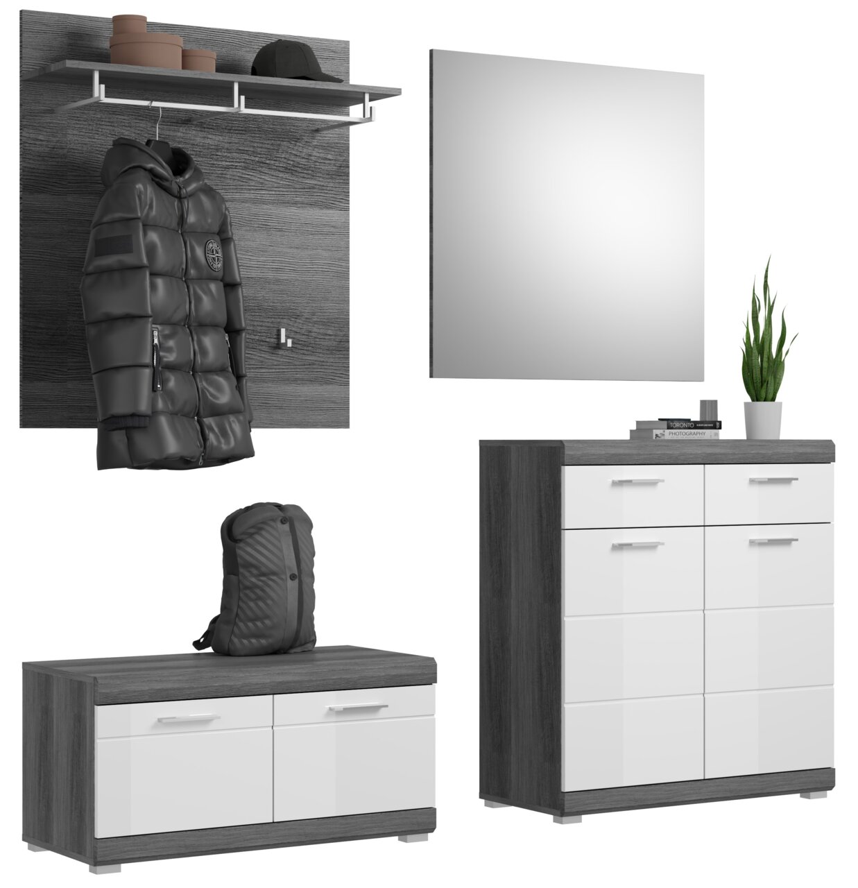 Garderoben-Set bestehend aus einem Wandpaneel mit Haken und Ablage, einem Spiegel, einem Schuhschrank und einer Kommode, in moderner Perspektive dargestellt.