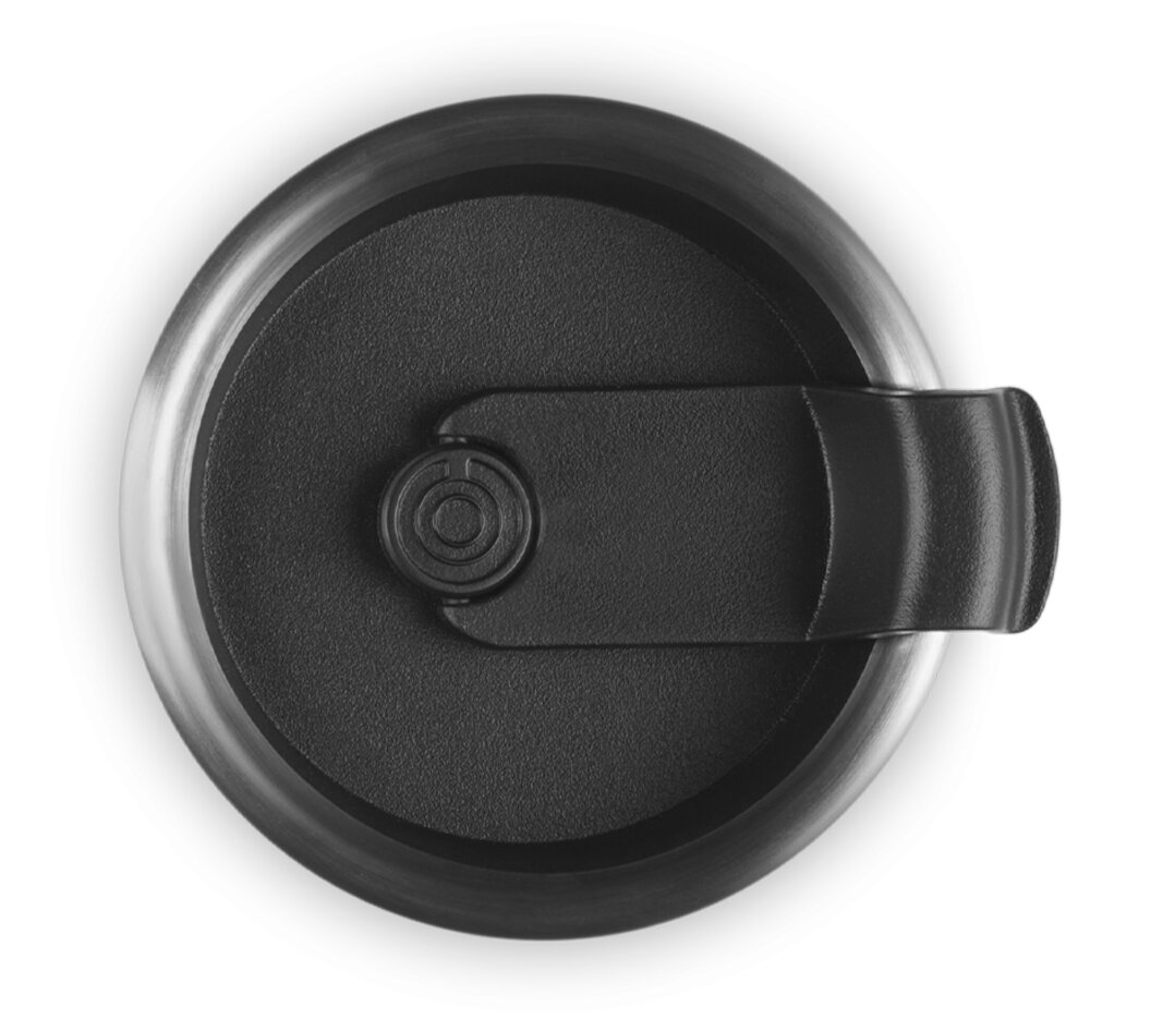 Bovenaanzicht van het deksel van een thermosbeker, zwart met klapsluiting.