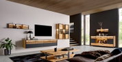 Moderne woonkamer met houten wandmeubel met antracietkleurige fronten, zwevend tv-meubel, vitrinekasten en dressoir met ledverlichting; perspectief: groothoekopname van voren, licht van links.