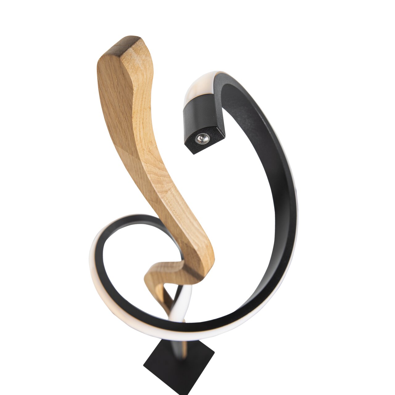 Moderne LED-Stehleuchte mit geschwungenem Holz- und Metall-Design, Ansicht von oben