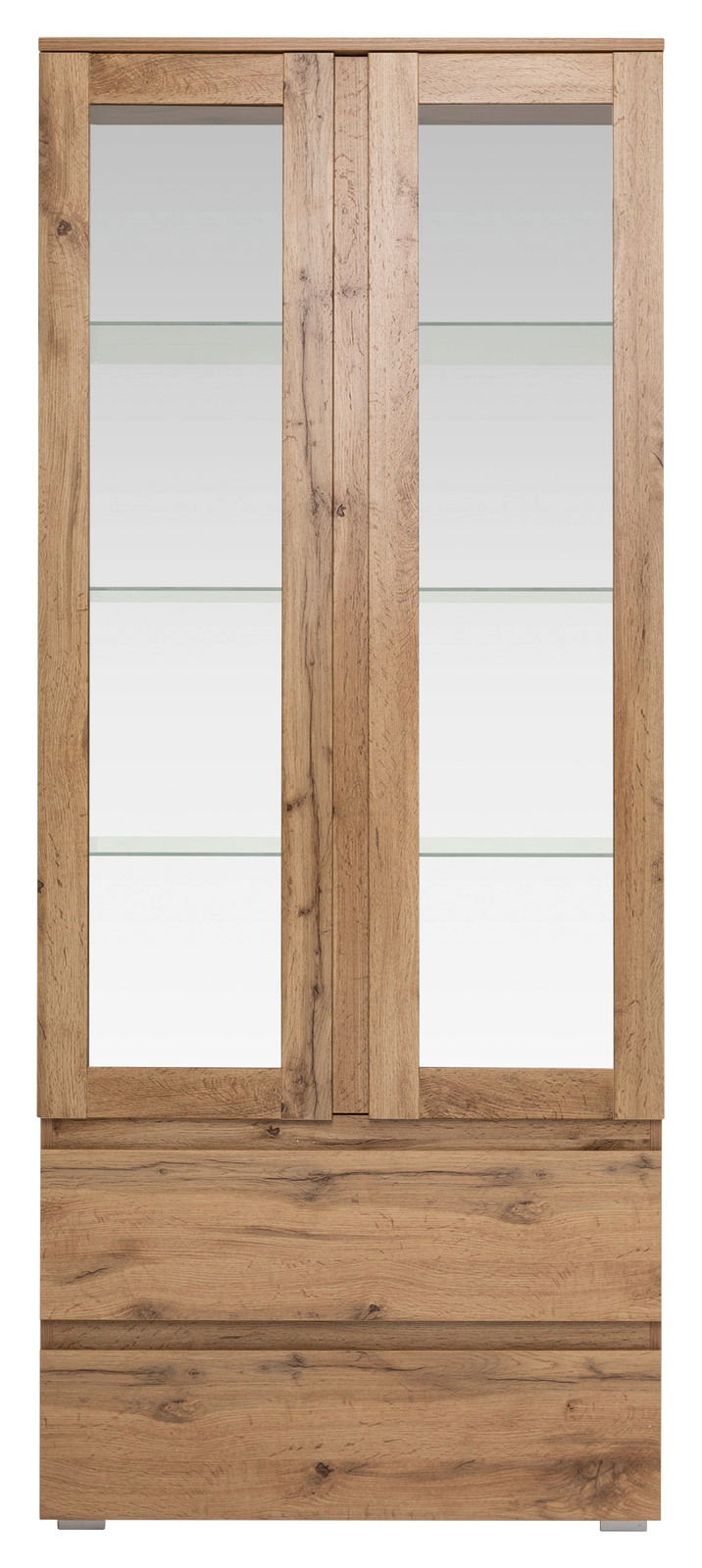 Frontale Ansicht einer Vitrine aus Holz mit Glastüren und Glasböden.