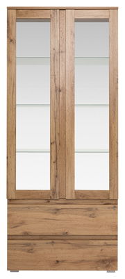 Frontale Ansicht einer Vitrine aus Holz mit Glastüren und Glasböden.