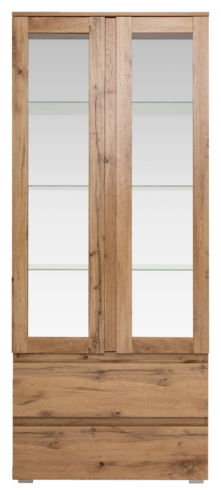 Frontale Ansicht einer Vitrine aus Holz mit Glastüren und Glasböden.